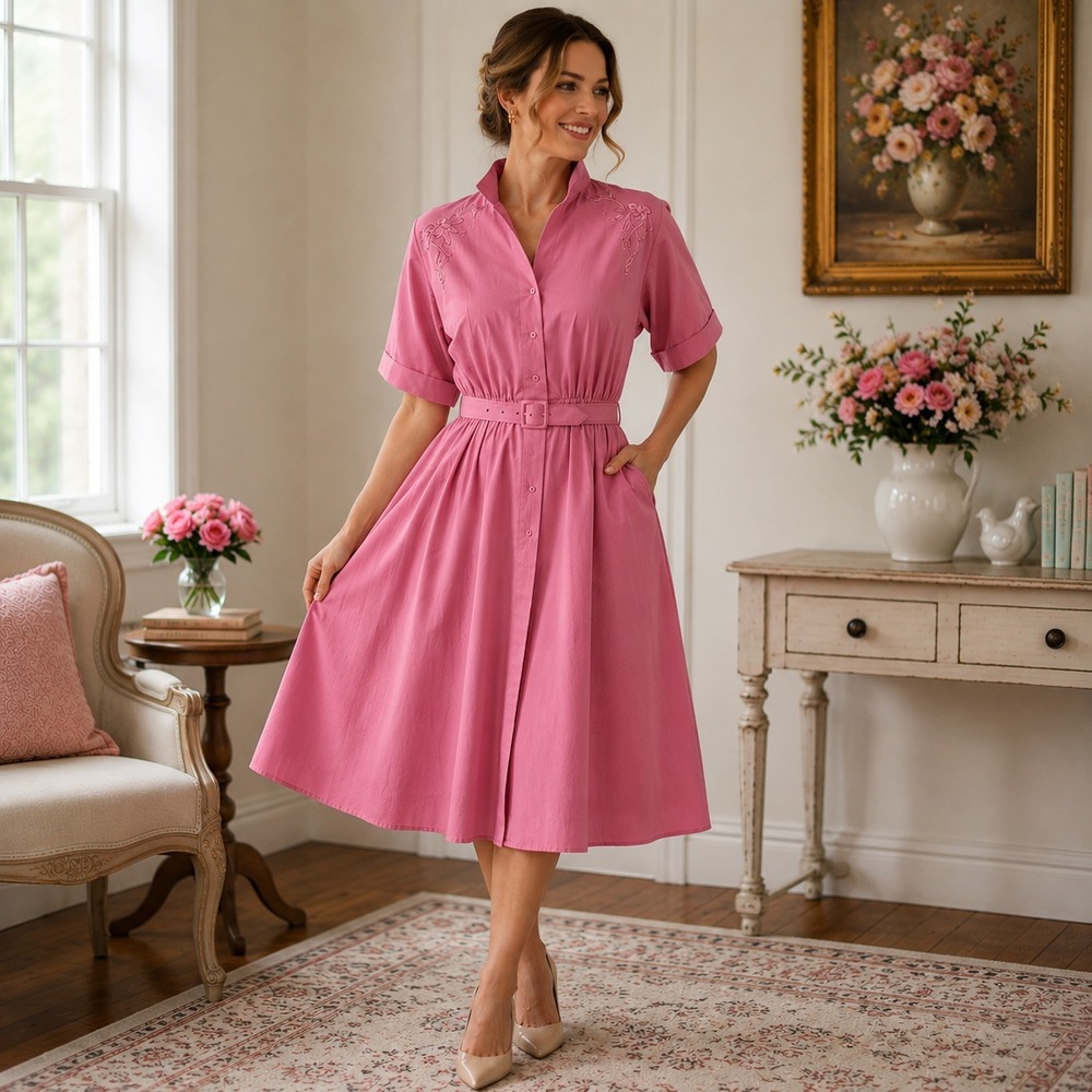Pink Belted Shirt Dress USA Vintage 14 Petites by Vicki‎ Dress Cottagecore Retro